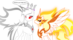 Size: 2736x1505 | Tagged: safe, artist:somashield, character:daybreaker, character:princess celestia, oc, oc:pandora, species:alicorn, species:earth pony, species:pony, collar, crown, cutie mark, dialogue, digital art, female, horn, jealous, jewelry, looking at each other, mare, regalia, simple background, size difference, speech bubble, standing, text, transparent background, wings