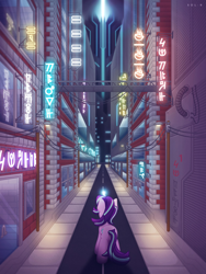 Size: 4000x5333 | Tagged: safe, artist:sol-r, character:starlight glimmer, species:pony, species:unicorn, g4, city, cityscape, cyberpunk, female, futuristic, glowing horn, horn, neon, road, solo