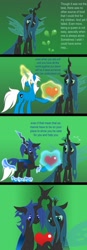 Size: 447x1280 | Tagged: safe, artist:somashield, character:queen chrysalis, oc, oc:soma, species:changeling, species:pony, species:unicorn, a better ending for chrysalis, blue changeling, canon x oc, changeling queen, changelingified, comic, digital art, female, horn, male, species swap, text, transformation, wings