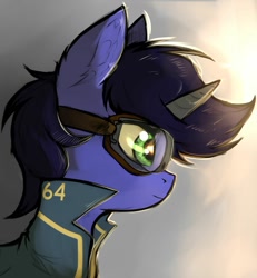 Size: 1280x1383 | Tagged: safe, artist:tatykin, oc, oc only, species:pony, species:unicorn, fallout equestria, clothing, glasses, male, solo, stable-tec, vault suit