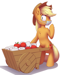 Size: 1635x2000 | Tagged: safe, artist:senaelik, character:applejack, species:earth pony, species:pony, apple, belly button, bipedal, cart, coronavirus, covid-19, female, food, mare, mask, ppe, simple background, solo, surgical mask, sweat, sweatdrop, toilet paper, wide eyes