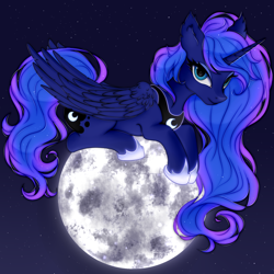 Size: 1500x1500 | Tagged: safe, artist:mite-lime, character:princess luna, species:alicorn, species:pony, g4, clothing, cute, ear fluff, female, full moon, hoof shoes, jewelry, lidded eyes, looking at you, lunabetes, macro, mare, moon, necklace, night, peytral, pony bigger than a planet, prone, shoes, sky, solo, starry night, stars, tangible heavenly object, three quarter view