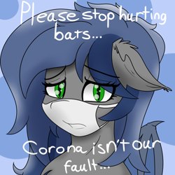 Size: 1000x1000 | Tagged: safe, artist:eclipsepenumbra, artist:eclipsethebat, oc, oc only, oc:eclipse penumbra, species:bat pony, species:pony, bat pony oc, bat wings, coronavirus, covid-19, face mask, female, mare, mask, ppe, sad, surgical mask, text, wings