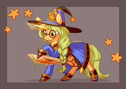 Size: 4093x2894 | Tagged: safe, artist:shore2020, oc, oc only, oc:honey nevaeh, species:pony, species:unicorn, book, braid, clothing, female, glasses, hat, high res, magic, mare, reading, robe, shoes, solo, stars, telekinesis, wizard, wizard hat, wizard robe