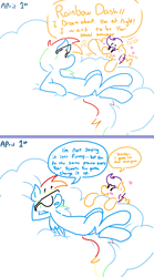Size: 923x1655 | Tagged: safe, artist:doodledandy, character:rainbow dash, character:scootaloo, species:pegasus, species:pony, april fools, female, lesbian, limited palette, scootadash, shipping, sunglasses