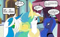 Size: 1280x789 | Tagged: safe, artist:somashield, character:princess celestia, character:princess luna, oc, oc:soma, species:alicorn, species:pony, species:unicorn, banana cake, bed, cake, castle, collar, crown, dialogue, digital art, female, food, glowing horn, horn, jewelry, luna is not amused, magic, male, mare, regalia, royal sisters, speech bubble, stallion, text, unamused, vomit