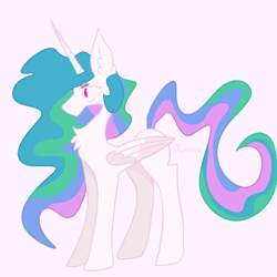 Size: 900x900 | Tagged: safe, artist:junko, derpibooru original, character:princess celestia, species:alicorn, species:pony, big ears, big wings, chest fluff, closed wing, digital art, ear fluff, eye shimmer, female, flowing mane, full body, horn, long horn, looking offscreen, mare, no armor, no mouth, paint tool sai, profile, sai, simple background, solo, wavy mane, wings