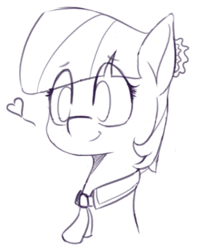 Size: 604x730 | Tagged: safe, artist:pinkberry, character:coco pommel, species:earth pony, species:pony, bust, cocobetes, cute, eyebrows, eyebrows visible through hair, female, heart, mare, monochrome, sketch, smiling, solo