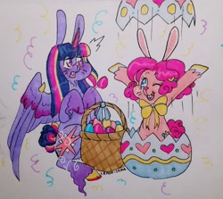 Size: 1280x1144 | Tagged: safe, artist:ask-pinkie-polkadot-pie, character:pinkie pie, character:twilight sparkle, character:twilight sparkle (alicorn), species:alicorn, species:pony, species:rabbit, basket, bunnified, bunny pie, bunny sparkle, easter basket, easter egg, hybrid, species swap, traditional art, tumblr:ask-pinkie-polkadot-pie