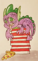 Size: 1195x1920 | Tagged: safe, artist:ask-pinkie-polkadot-pie, character:spike, species:dragon, food, male, meat, pepperoni, pepperoni pizza, pizza, solo, traditional art, tumblr:ask-pinkie-polkadot-pie