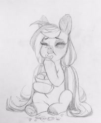 Size: 2724x3321 | Tagged: safe, artist:bloodymrr, rcf community, oc, oc:black night comet, species:earth pony, species:pony, black and white, eating, food, grayscale, monochrome, orange, sitting, solo, traditional art