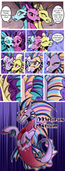 Size: 1500x3900 | Tagged: safe, artist:nancy-05, commissioner:bigonionbean, writer:bigonionbean, character:adagio dazzle, character:aria blaze, character:sonata dusk, oc, oc:melicus ostium, species:siren, comic:fusing the fusions, comic:time of the fusions, argument, blushing, chest, comic, confusion, conjoined, dazed, dialogue, evil planning in progress, female, forced, fused, fusion, fusion:melicus ostium, gem, heat, jewelry, magic, merge, multiple heads, nightmare, panting, prison, race swap, regalia, semi-grimdark series, shocked, siren gem, spell, suggestive series, tartarus, three heads, we have become one