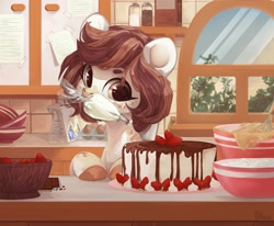 Size: 1887x1552 | Tagged: safe, artist:graypillow, oc, oc only, species:pony, cake, cooking, food, icing bag, kitchen, mouth hold, solo