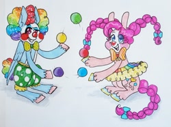 Size: 1280x953 | Tagged: safe, artist:ask-pinkie-polkadot-pie, character:pinkie pie, character:rainbow dash, species:pony, clown, clown makeup, juggling, traditional art, tumblr:ask-pinkie-polkadot-pie