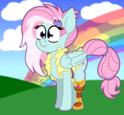 Size: 1400x1300 | Tagged: safe, artist:puperhamster, character:kerfuffle, species:pegasus, species:pony, friendship is magic: rainbow roadtrip, g4, my little pony: friendship is magic, amputee, clothing, cute, female, fufflebetes, mare, prosthetics, rainbow, smiling, solo, vest