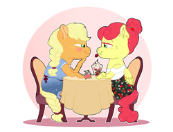 Size: 1300x1000 | Tagged: safe, artist:miyathegoldenflower, character:applejack, character:strawberry sunrise, species:earth pony, species:pegasus, species:pony, ship:applerise, alternate hairstyle, bedroom eyes, belt, blushing, chair, cloth, clothing, commission, cute, date, dress, ear fluff, female, flower, food, freckles, ice cream, jackabetes, lesbian, mare, mouth hold, shipping, shirt, skirt, sleeveless, strawberry, strawwberry sunrise, sundae, table