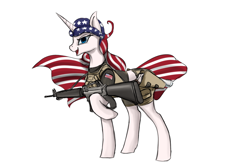 Size: 1500x1000 | Tagged: safe, artist:andromailus, oc, oc only, species:pony, species:unicorn, nation ponies, american flag, assault rifle, clothing, gun, m16a1, ponified, raised hoof, rifle, shorts, simple background, solo, united states, weapon, white background