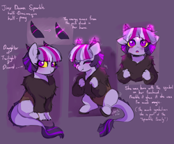 Size: 1750x1445 | Tagged: safe, artist:riukime, oc, oc only, oc:jinx, parent:discord, parent:twilight sparkle, parents:discolight, species:draconequus, draconequus oc, female, hybrid, interspecies offspring, offspring, reference sheet, solo