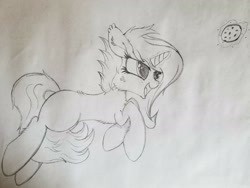 Size: 2016x1512 | Tagged: safe, artist:straighttothepointstudio, oc, oc only, oc:fluorescia harvest, species:pony, species:unicorn, adorable face, black and white, blank flank, cookie, cute, female, filly, fluffy, food, freckles, grayscale, happy, long hair, long mane, long tail, monochrome, solo, traditional art