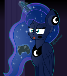 Size: 1400x1581 | Tagged: safe, artist:puperhamster, character:princess luna, species:alicorn, species:pony, gamer luna, blep, dualshock controller, ethereal mane, female, galaxy mane, glowing horn, headphones, horn, magic, mare, telekinesis, tongue out