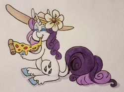 Size: 1280x959 | Tagged: safe, artist:ask-pinkie-polkadot-pie, character:rarity, species:pony, species:unicorn, clothing, female, food, hat, mare, meat, pepperoni, pepperoni pizza, pizza, solo, sun hat, traditional art