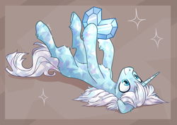 Size: 4093x2894 | Tagged: safe, artist:shore2020, oc, oc only, oc:crystal trundra, oc:crystal tundra, species:crystal pony, species:pony, species:unicorn, brown background, crystal heart, crystal unicorn, crystallized, fluffy, on back, simple background, solo, sparkles