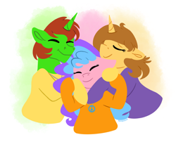 Size: 2560x2064 | Tagged: safe, artist:bellbell123, oc, oc:aspen, oc:bella pinksavage, oc:ryan, species:pony, species:unicorn, bodysuit, brother and sister, caring, catsuit, eyes closed, family, female, group hug, heartwarming, hippie, horn, hug, jewelry, latex, latex suit, love, male, necklace, peace suit, peace symbol, rubber suit, sibling bonding, siblings, the peace family, unicorn oc