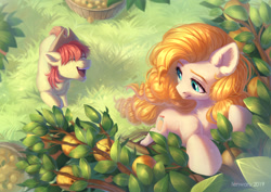 Size: 2048x1448 | Tagged: safe, artist:fenwaru, character:bright mac, character:pear butter, species:earth pony, species:pony, ship:brightbutter, g4, colored eyebrows, cute, ear fluff, eyebrows, eyes closed, female, male, mare, open mouth, pear tree, shipping, signature, smiling, stallion, straight, three quarter view, tree