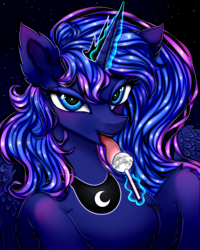 Size: 1200x1500 | Tagged: safe, artist:mite-lime, character:princess luna, species:alicorn, species:pony, bust, candy, chest fluff, cute, ear fluff, female, food, leg fluff, lollipop, looking at you, lunabetes, magic, mare, portrait, solo, suggestive eating, telekinesis