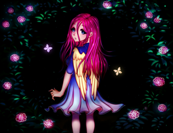 Size: 1854x1425 | Tagged: safe, artist:mite-lime, character:fluttershy, species:human, clothing, cute, dress, humanized, looking at you, looking back, looking back at you, shyabetes, winged humanization, wings
