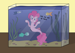 Size: 3508x2480 | Tagged: safe, artist:onlymeequestrian, character:pinkie pie, species:pony, species:seapony (g4), against glass, fish, fish tank, glass, seaponified, seapony pinkie pie, species swap, trapped, underhoof, when she doesn't smile