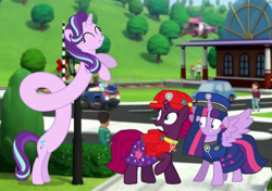 Size: 1530x1080 | Tagged: safe, artist:stellardusk, artist:徐詩珮, base used, character:fizzlepop berrytwist, character:starlight glimmer, character:tempest shadow, character:twilight sparkle, character:twilight sparkle (alicorn), species:alicorn, species:pony, species:unicorn, series:sprglitemplight diary, series:sprglitemplight life jacket days, series:springshadowdrops diary, series:springshadowdrops life jacket days, ship:tempestlight, alternate universe, chase (paw patrol), clothing, cute, female, glimmerbetes, lesbian, long glimmer, mare, marshall (paw patrol), paw patrol, shipping