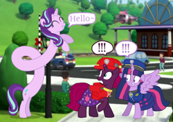 Size: 1528x1080 | Tagged: safe, artist:stellardusk, artist:徐詩珮, base used, character:fizzlepop berrytwist, character:starlight glimmer, character:tempest shadow, character:twilight sparkle, character:twilight sparkle (alicorn), species:alicorn, species:pony, species:unicorn, series:sprglitemplight diary, series:sprglitemplight life jacket days, series:springshadowdrops diary, series:springshadowdrops life jacket days, ship:tempestlight, alternate universe, chase (paw patrol), clothing, cute, dialogue, female, glimmerbetes, lesbian, long glimmer, mare, marshall (paw patrol), paw patrol, shipping, speech bubble