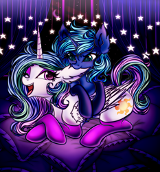 Size: 2360x2530 | Tagged: safe, artist:mite-lime, character:princess celestia, character:princess luna, species:alicorn, species:pony, biting, clothing, crescent moon, cute, cutelestia, duo, ear bite, ear fluff, female, high res, long socks, lunabetes, mare, moon, one eye closed, open mouth, pillow, prone, rough housing, royal sisters, s1 luna, siblings, sisterly love, sisters, socks, stars