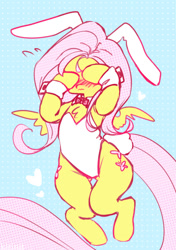 Size: 705x1000 | Tagged: safe, artist:kirinit, character:fluttershy, species:pegasus, species:pony, blushing, both cutie marks, bow, bunny ears, bunny suit, bunny tail, chest fluff, clothing, costume, covering eyes, cute, cutie mark, explicit source, female, floating heart, heart, hooves on face, leotard, necktie, shyabetes, signature, simple background, sketch, solo, thighs, wings, wrist cuffs