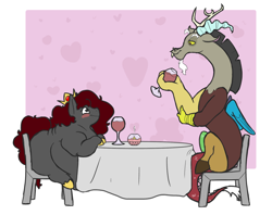 Size: 2400x1900 | Tagged: safe, artist:queenfrau, character:discord, oc, oc:queen frau, species:draconequus, species:earth pony, species:pony, alcohol, candle, canon x oc, crack shipping, date, fat, heart, romantic, shipping, table, wine