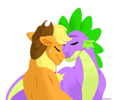 Size: 2232x1834 | Tagged: safe, artist:bellbell123, character:applejack, character:spike, species:dragon, species:earth pony, species:pony, ship:applespike, boop, cute, eyes closed, female, lineless, male, mare, noseboop, older, older spike, shipping, simple background, straight, transparent background, winged spike