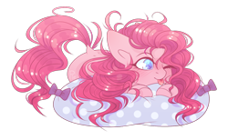 Size: 1300x800 | Tagged: safe, artist:soundwavepie, character:pinkie pie, species:earth pony, species:pony, blep, blushing, bow, colored pupils, cushion, cute, diapinkes, dock, female, mare, one eye closed, prone, simple background, solo, tongue out, transparent background, wink