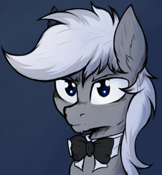 Size: 2500x2700 | Tagged: safe, artist:tatykin, oc, oc:jonathan bleak, species:earth pony, species:pony, avatar, blue eyes, bow, bow tie, bust, gray coat, male, portrait, serious, serious face, solo, stallion, white mane