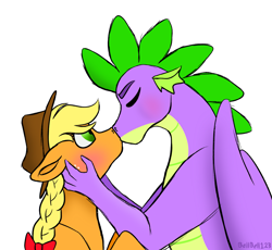 Size: 2833x2601 | Tagged: safe, artist:bellbell123, character:applejack, character:spike, species:dragon, ship:applespike, blushing, bow, braid, bust, cute, eyes closed, female, first kiss, hair bow, high res, interspecies, kissing, male, older, older spike, profile, shipping, simple background, straight, white background, winged spike