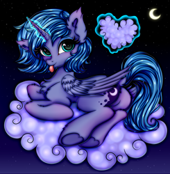 Size: 2600x2650 | Tagged: safe, artist:mite-lime, character:princess luna, species:alicorn, species:pony, alternate hairstyle, blep, butt, chest fluff, cloud, cute, ear fluff, female, filly, levitation, looking at you, lunabetes, magic, mare, moon, moonbutt, night, prone, sky, solo, starry night, stars, telekinesis, tongue out, woona, younger