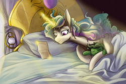 Size: 1500x1000 | Tagged: safe, artist:andromailus, character:princess celestia, oc, oc:anon, anonicorn, bed, bed mane, in bed, momlestia, sleeping, snuggling, waking up
