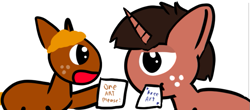 Size: 691x305 | Tagged: safe, artist:artdbait, oc, oc only, oc:lil-k, species:pony, species:unicorn, brown fur, brown hair, excited, freckles, horn, orange hair, paper, request, unamused, writing
