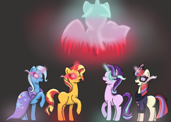 Size: 1010x720 | Tagged: safe, artist:draikinator, artist:dudatg, character:moondancer, character:starlight glimmer, character:sunset shimmer, character:trixie, character:twilight sparkle, character:twilight sparkle (alicorn), species:alicorn, species:pony, species:unicorn, badass, cape, clothing, counterparts, epic, glasses, glowing eyes, glowing horn, growling, horn, magic, magical quartet, magical quintet, magical trio, open mouth, space, stars, trixie's cape, twilight's counterparts