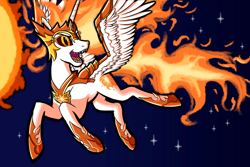 Size: 1800x1200 | Tagged: safe, artist:redahfuhrerking, character:daybreaker, character:princess celestia, species:alicorn, species:pony, armor, female, fire, flying, mare, night, solo, sun, wing armor