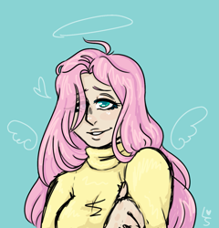 Size: 1135x1181 | Tagged: safe, artist:ask-pinkie-polkadot-pie, character:fluttershy, species:human, bust, clothing, female, humanized, portrait, solo, sweater, sweatershy