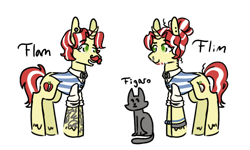 Size: 976x584 | Tagged: safe, artist:ask-pinkie-polkadot-pie, character:flam, character:flim, species:pony, alternate hairstyle, cat, flim flam brothers, long ears, simple background, tattoo, transparent background, tumblr:ask-pinkie-polkadot-pie