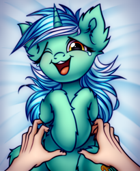 Size: 1888x2300 | Tagged: safe, artist:mite-lime, character:lyra heartstrings, species:human, species:pony, species:unicorn, g4, belly fluff, crying, cute, disembodied hand, ear fluff, female, hand, hooves to the chest, laughing, leg fluff, lyrabetes, mare, offscreen character, offscreen human, on back, one eye closed, open mouth, tears of laughter, tickling