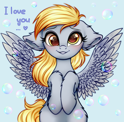 Size: 2040x2000 | Tagged: safe, artist:mite-lime, character:derpy hooves, species:pegasus, species:pony, blushing, bronybait, bubble, cute, derpabetes, dialogue, ear fluff, female, floppy ears, heart, high res, hooves to the chest, i love you, leg fluff, looking at you, mare, simple background, smiling, solo, wings