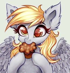 Size: 1280x1339 | Tagged: safe, artist:mite-lime, character:derpy hooves, species:pegasus, species:pony, bust, cheek fluff, cute, cute little fangs, derpabetes, ear fluff, eating, fangs, female, food, leg fluff, mare, muffin, portrait, simple background, solo